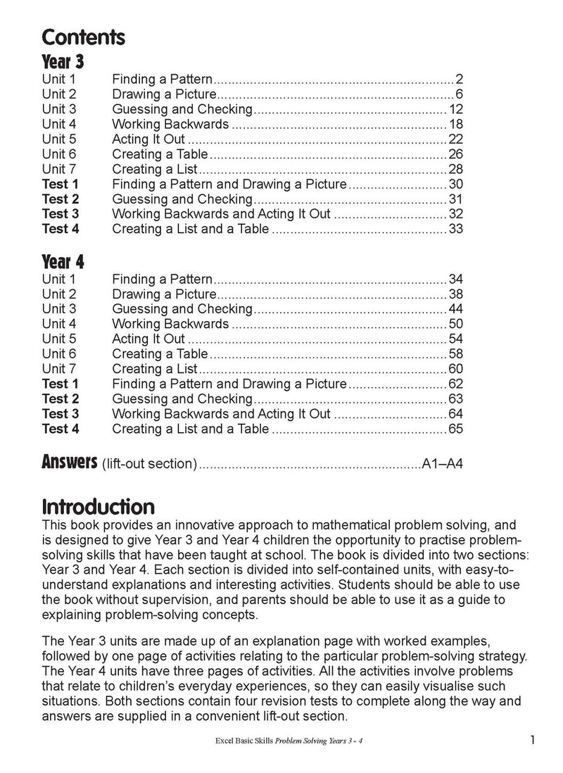 Preview of an inside spread from Excel Basic Skills Problem Solving Years 3-4, showing how the exercises are set out on the page