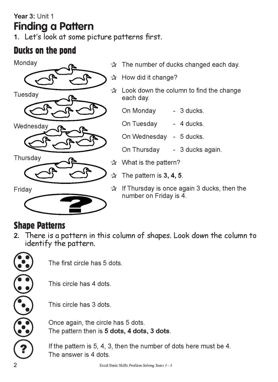 Inside page sample from Excel Basic Skills Problem Solving Years 3-4 giving a look at the practice questions and page design
