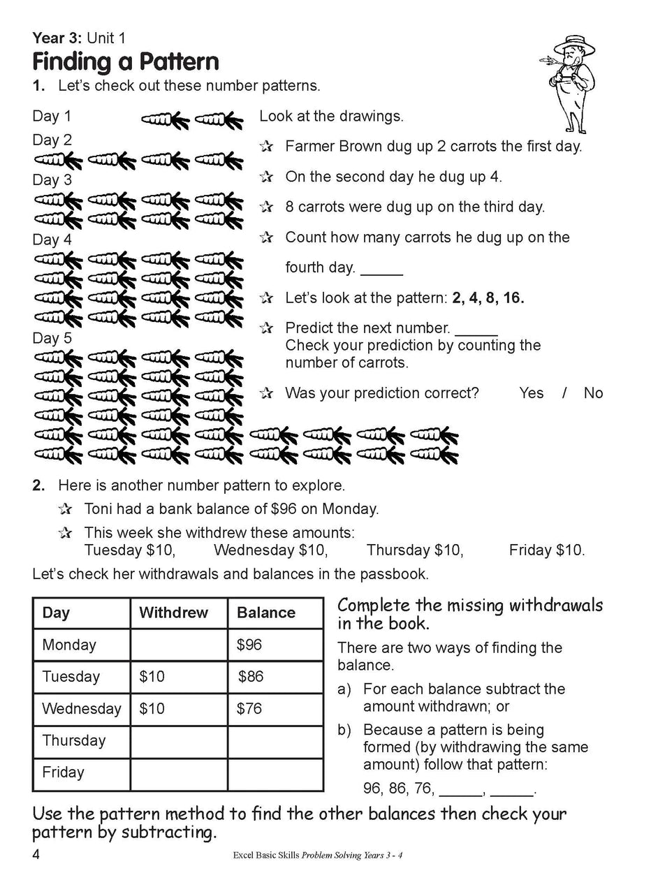 Preview of an inside spread from Excel Basic Skills Problem Solving Years 3-4, showing how the exercises are set out on the page