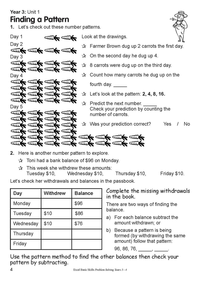 Preview of an inside spread from Excel Basic Skills Problem Solving Years 3-4, showing how the exercises are set out on the page