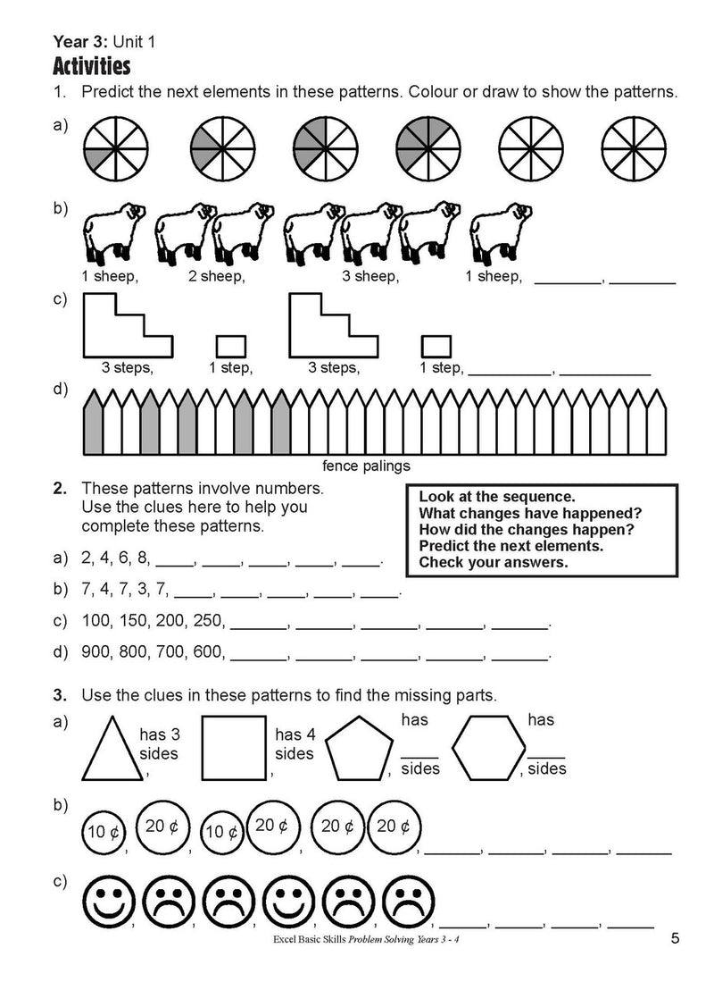 Inside page sample from Excel Basic Skills Problem Solving Years 3-4 giving a look at the practice questions and page design