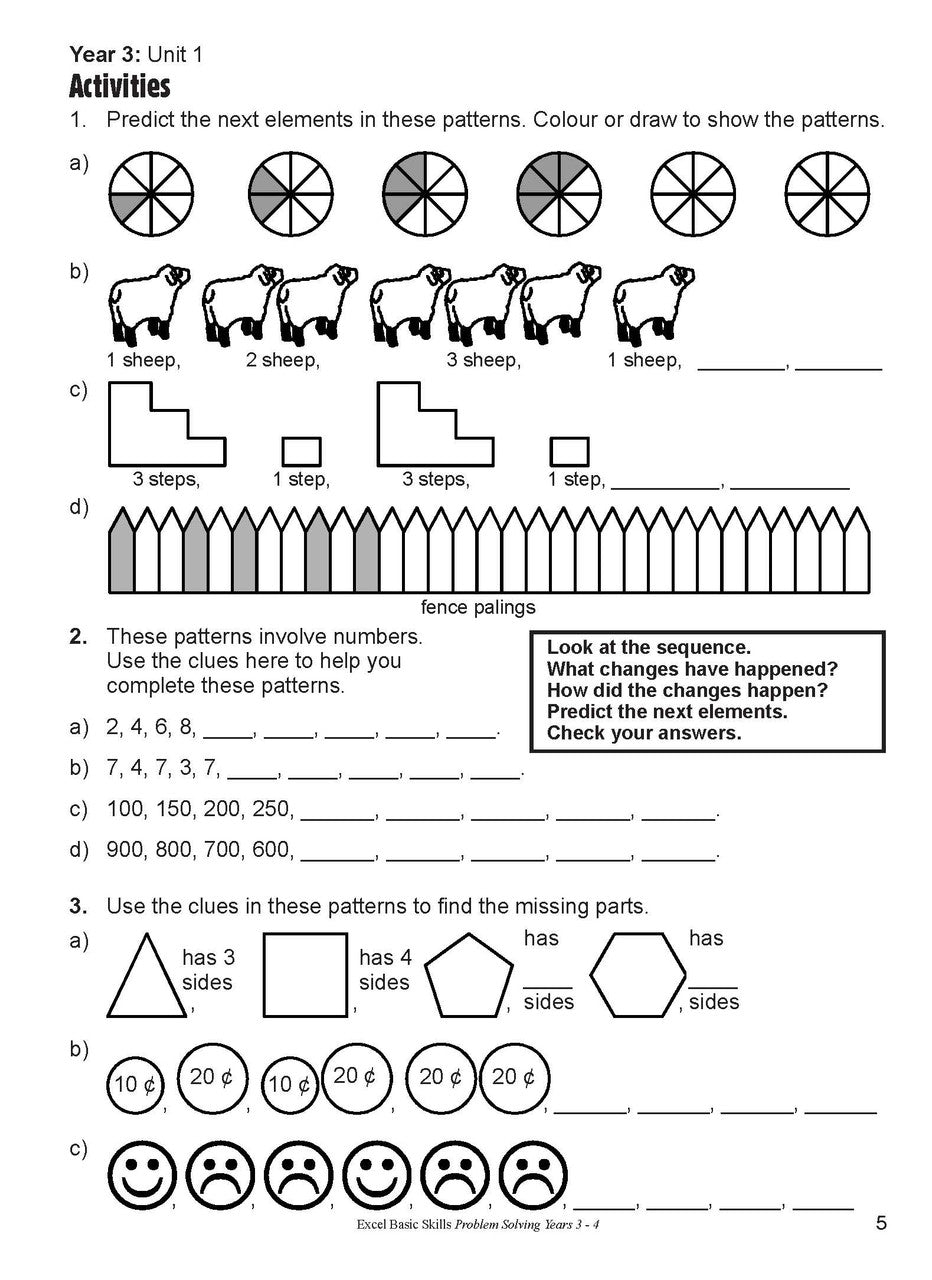 Inside page sample from Excel Basic Skills Problem Solving Years 3-4 giving a look at the practice questions and page design