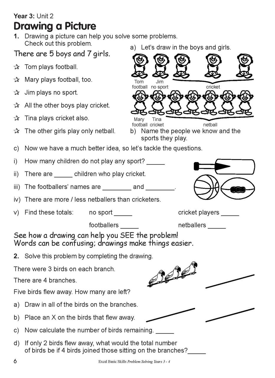 Sample inside page from Excel Basic Skills Problem Solving Years 3-4, previewing the workbook's layout and question style