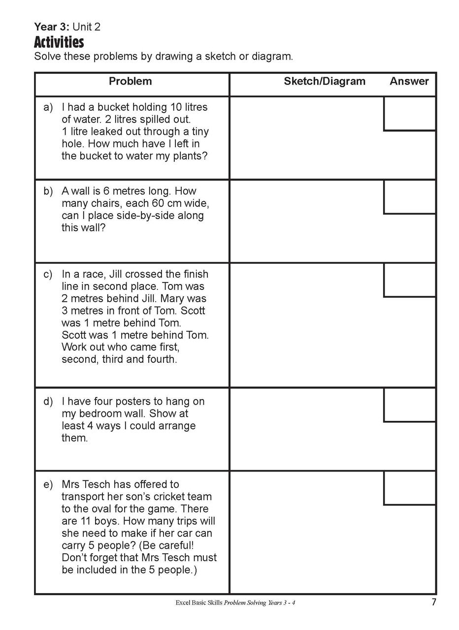 Preview of an inside spread from Excel Basic Skills Problem Solving Years 3-4, showing how the exercises are set out on the page
