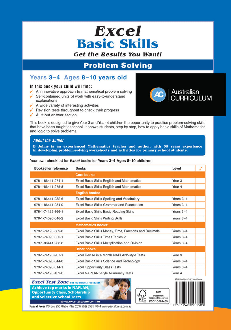 Back cover of Excel Basic Skills Problem Solving Years 3-4, showing the publisher's summary of the workbook and its series details