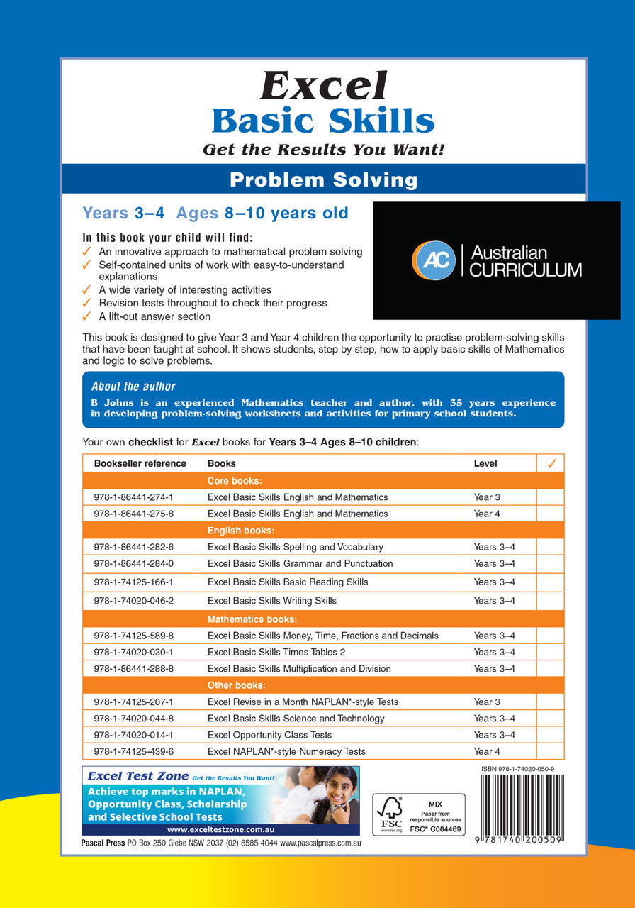 Back cover of Excel Basic Skills Problem Solving Years 3-4, showing the publisher's summary of the workbook and its series details