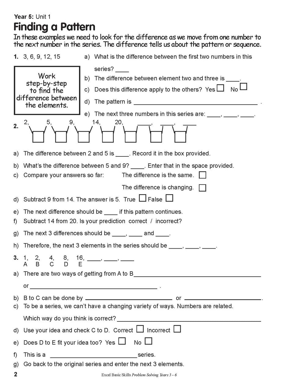 Inside page sample from Excel Basic Skills Problem Solving Years 5-6 giving a look at the practice questions and page design