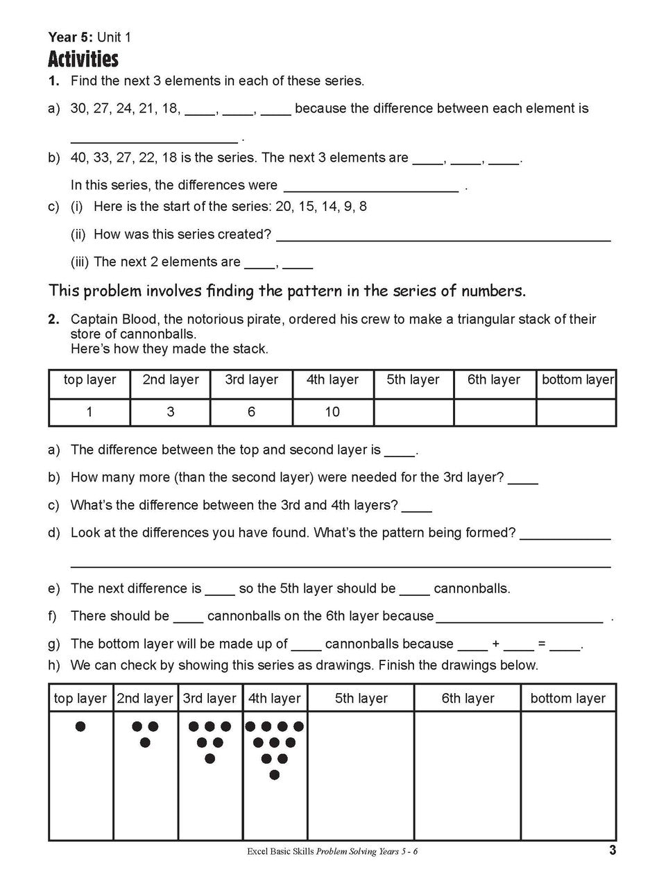 Sample inside page from Excel Basic Skills Problem Solving Years 5-6, previewing the workbook's layout and question style