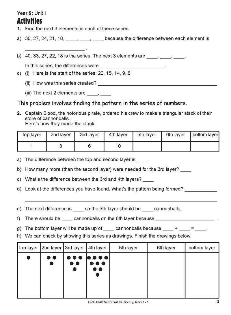 Sample inside page from Excel Basic Skills Problem Solving Years 5-6, previewing the workbook's layout and question style