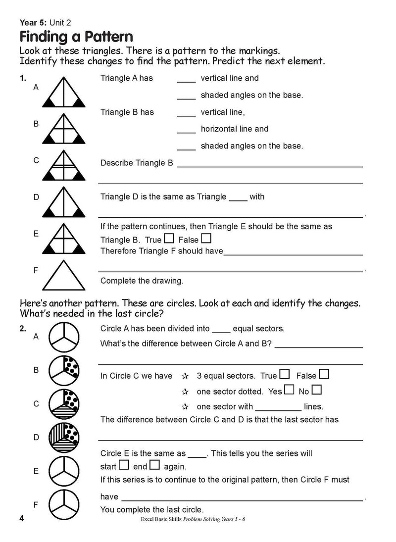 Preview of an inside spread from Excel Basic Skills Problem Solving Years 5-6, showing how the exercises are set out on the page