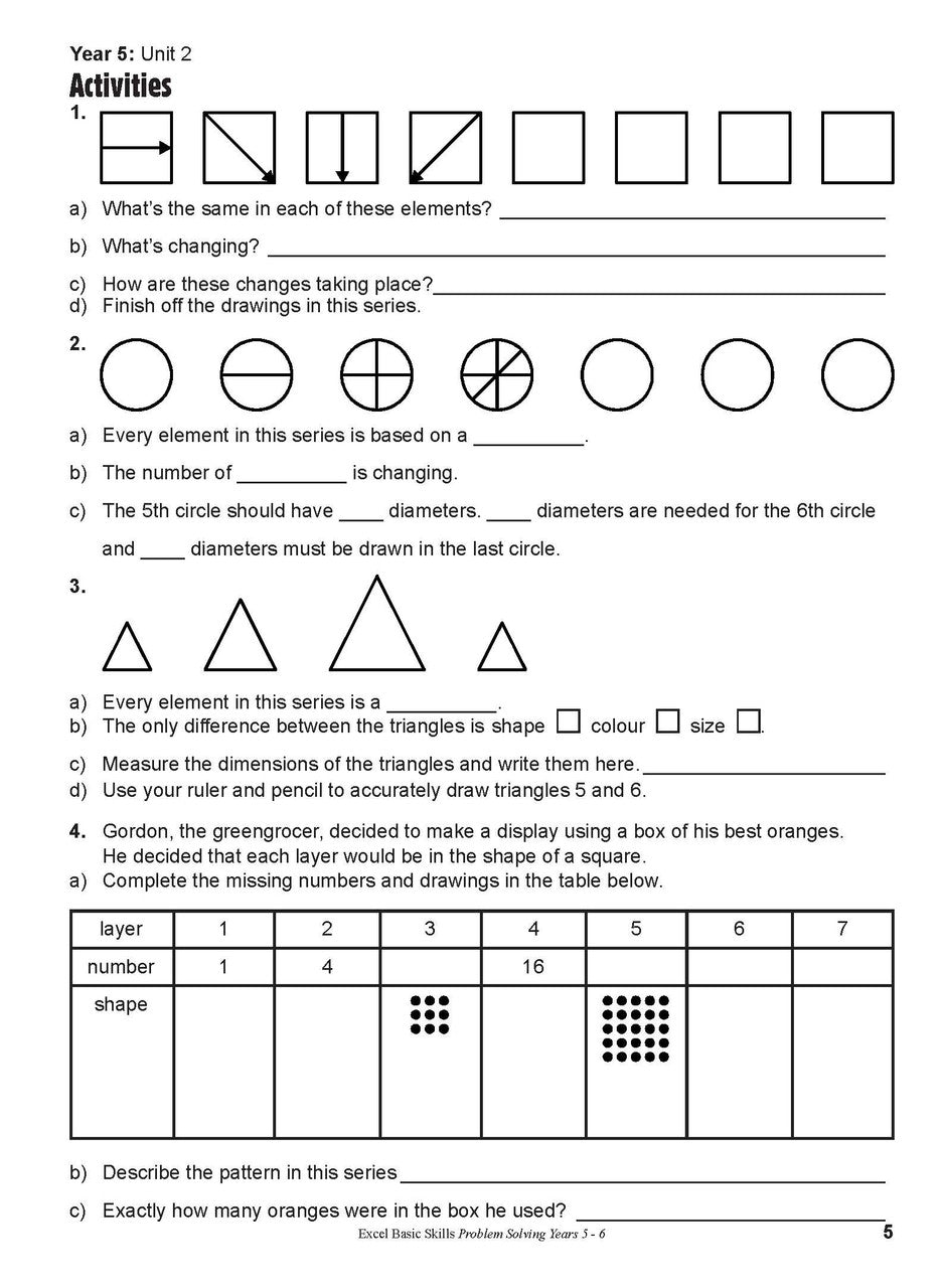 Inside page sample from Excel Basic Skills Problem Solving Years 5-6 giving a look at the practice questions and page design