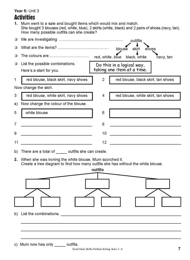 Preview of an inside spread from Excel Basic Skills Problem Solving Years 5-6, showing how the exercises are set out on the page
