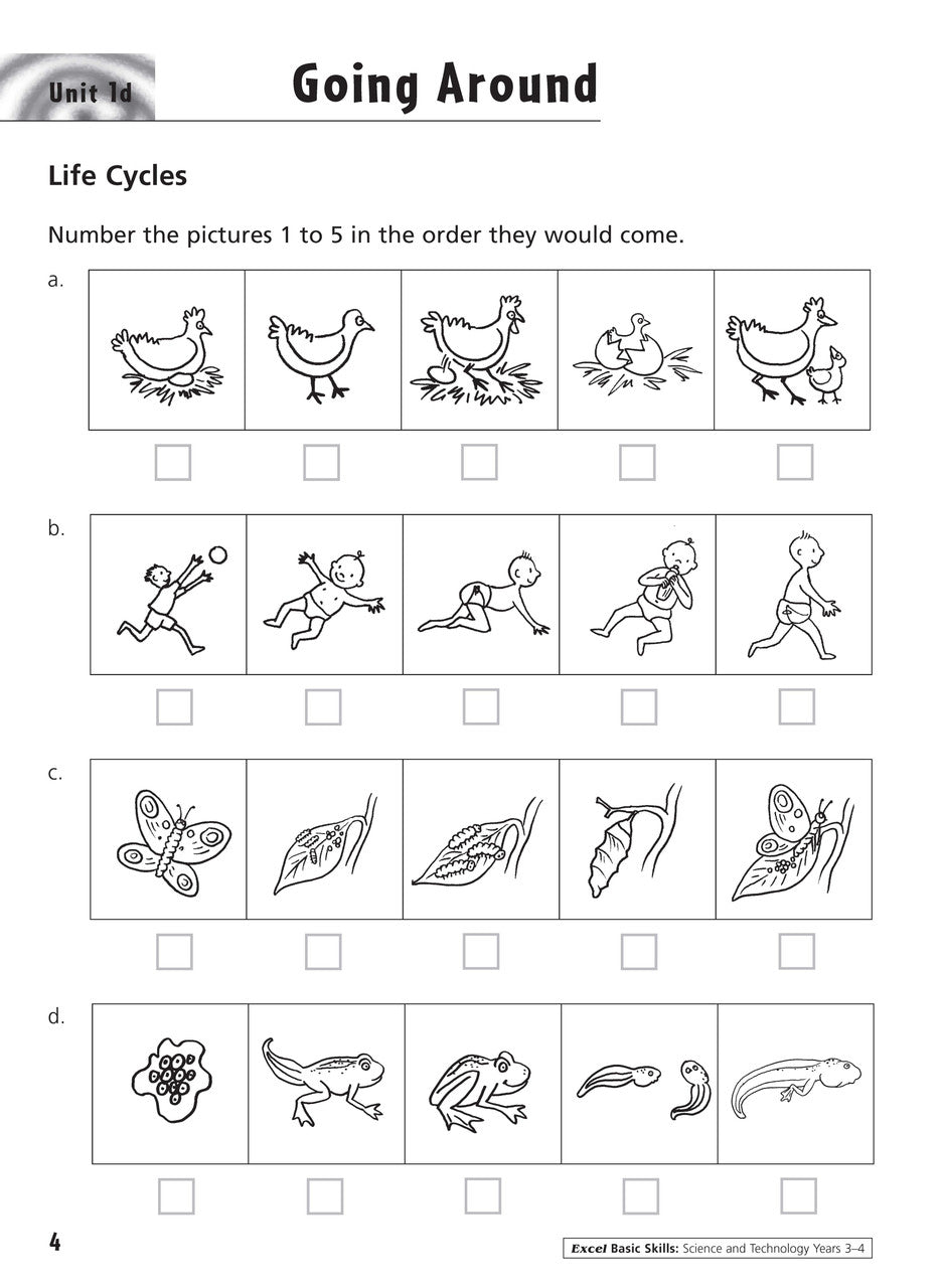 Sample inside activity page from the Excel Basic Skills Science and Technology Years 3-4 workbook showing printed exercises for children to complete