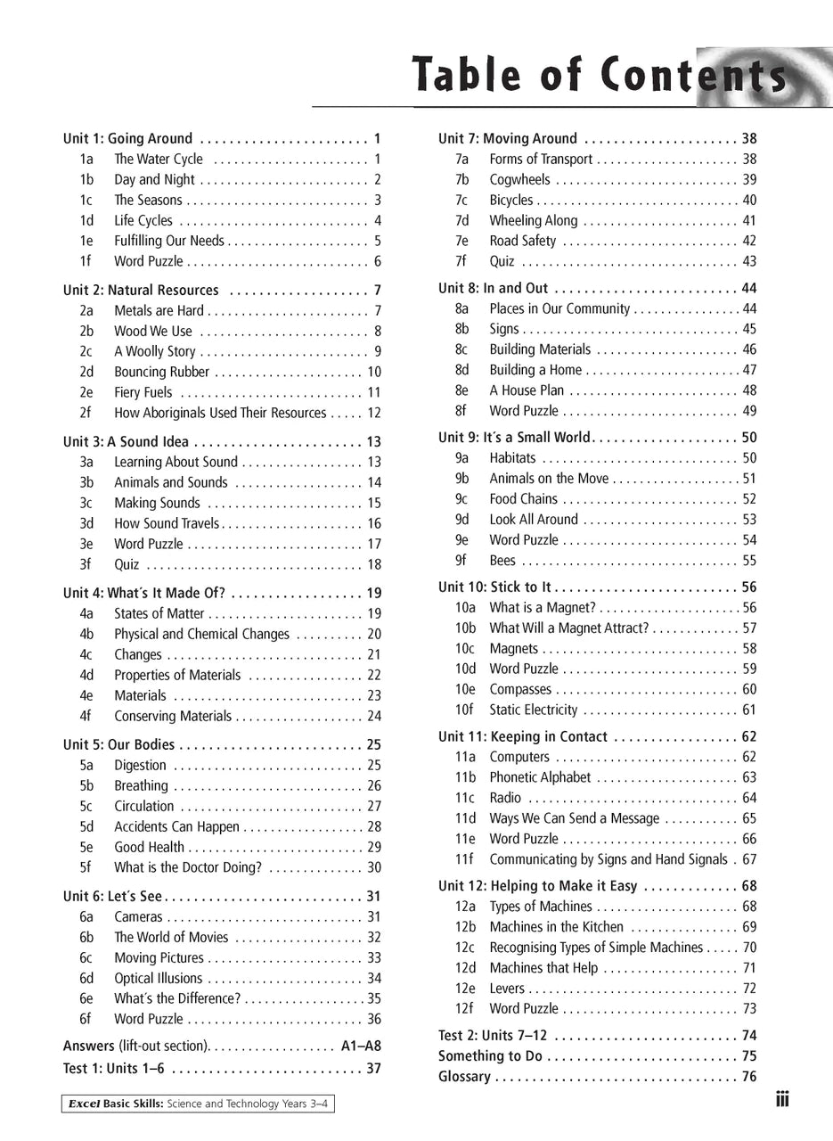 Sample inside activity page from the Excel Basic Skills Science and Technology Years 3-4 workbook showing printed exercises for children to complete