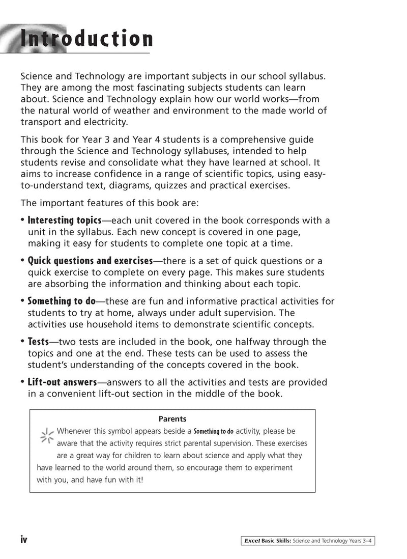 Sample inside activity page from the Excel Basic Skills Science and Technology Years 3-4 workbook showing printed exercises for children to complete