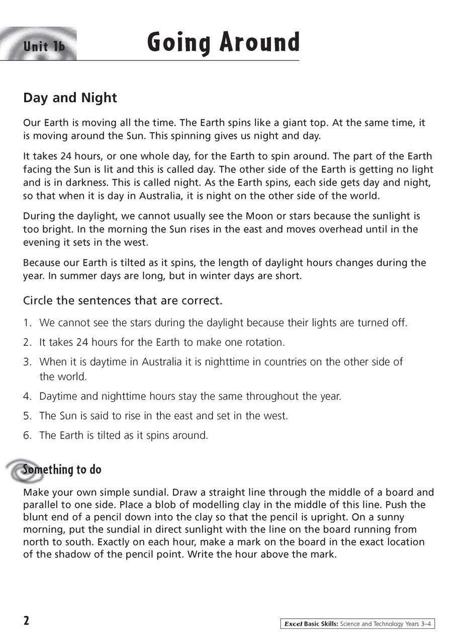 Sample inside activity page from the Excel Basic Skills Science and Technology Years 3-4 workbook showing printed exercises for children to complete