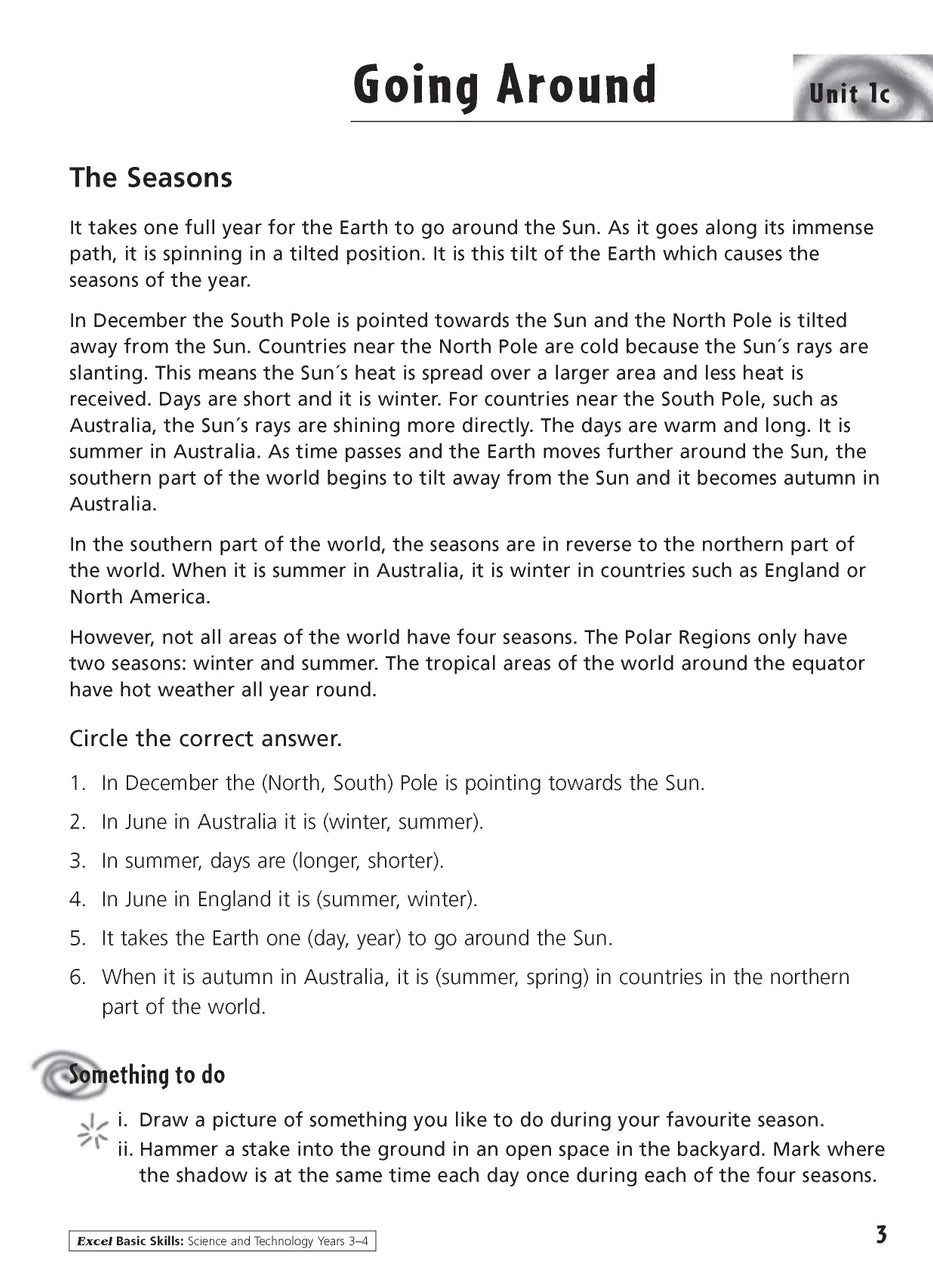 Sample inside activity page from the Excel Basic Skills Science and Technology Years 3-4 workbook showing printed exercises for children to complete