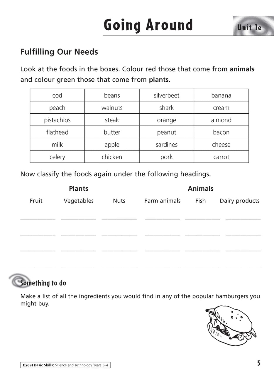 Sample inside activity page from the Excel Basic Skills Science and Technology Years 3-4 workbook showing printed exercises for children to complete