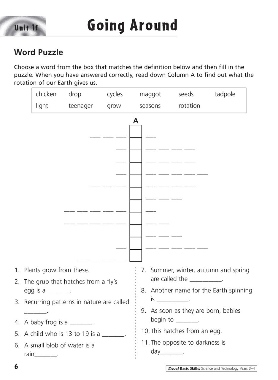 Sample inside activity page from the Excel Basic Skills Science and Technology Years 3-4 workbook showing printed exercises for children to complete