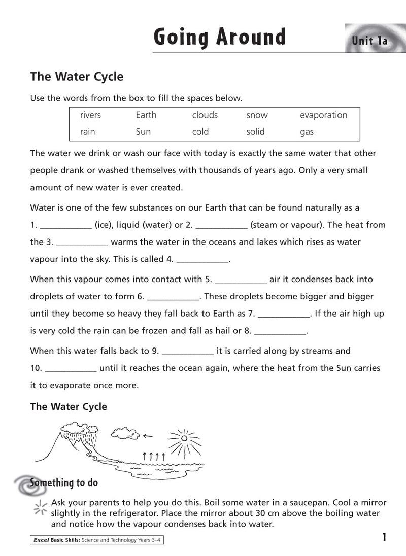 Sample inside activity page from the Excel Basic Skills Science and Technology Years 3-4 workbook showing printed exercises for children to complete
