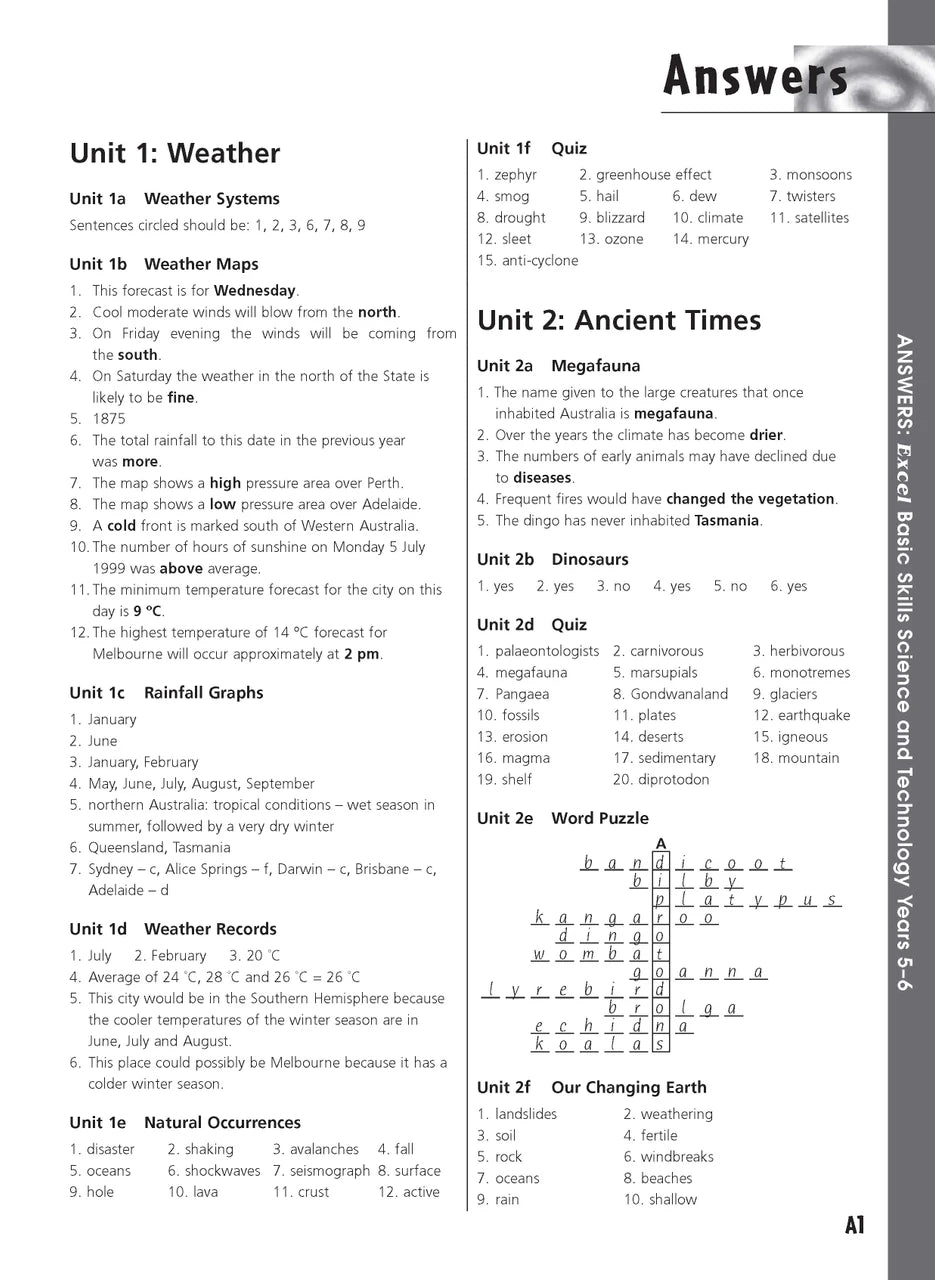 Sample inside activity page from the Excel Basic Skills Science and Technology Years 5-6 workbook showing printed exercises for children to complete