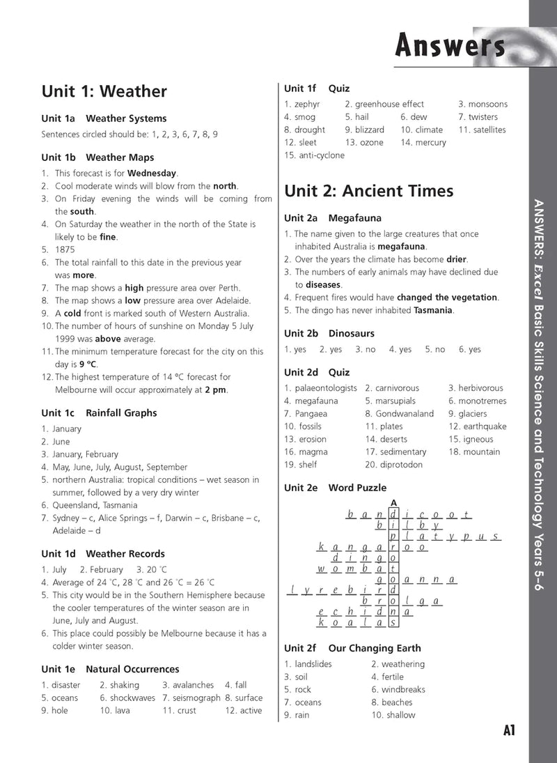 Sample inside activity page from the Excel Basic Skills Science and Technology Years 5-6 workbook showing printed exercises for children to complete