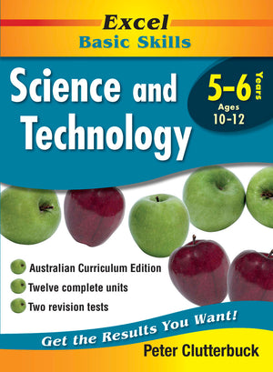 Front cover of the Excel Basic Skills Science and Technology Years 5-6 workbook from Pascal Press showing the Excel branding, title and year level