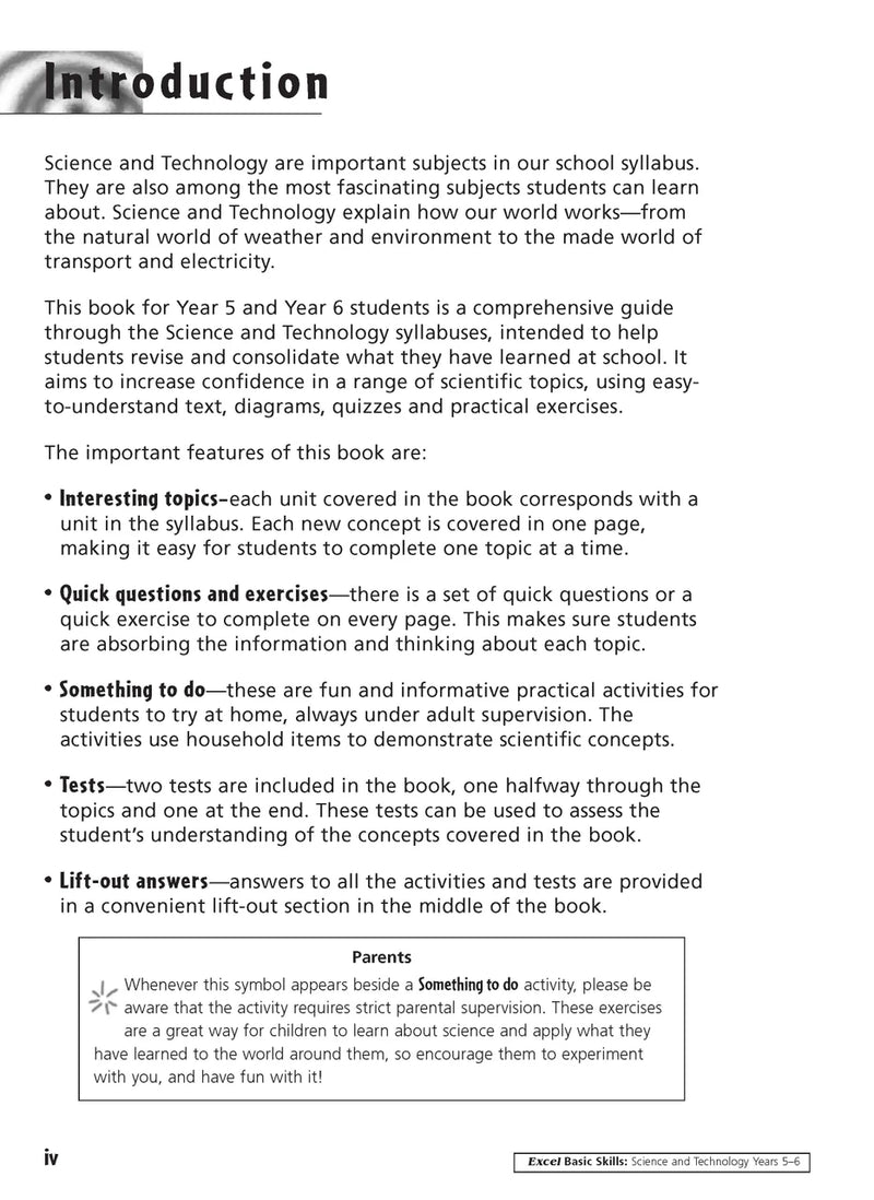 Sample inside activity page from the Excel Basic Skills Science and Technology Years 5-6 workbook showing printed exercises for children to complete