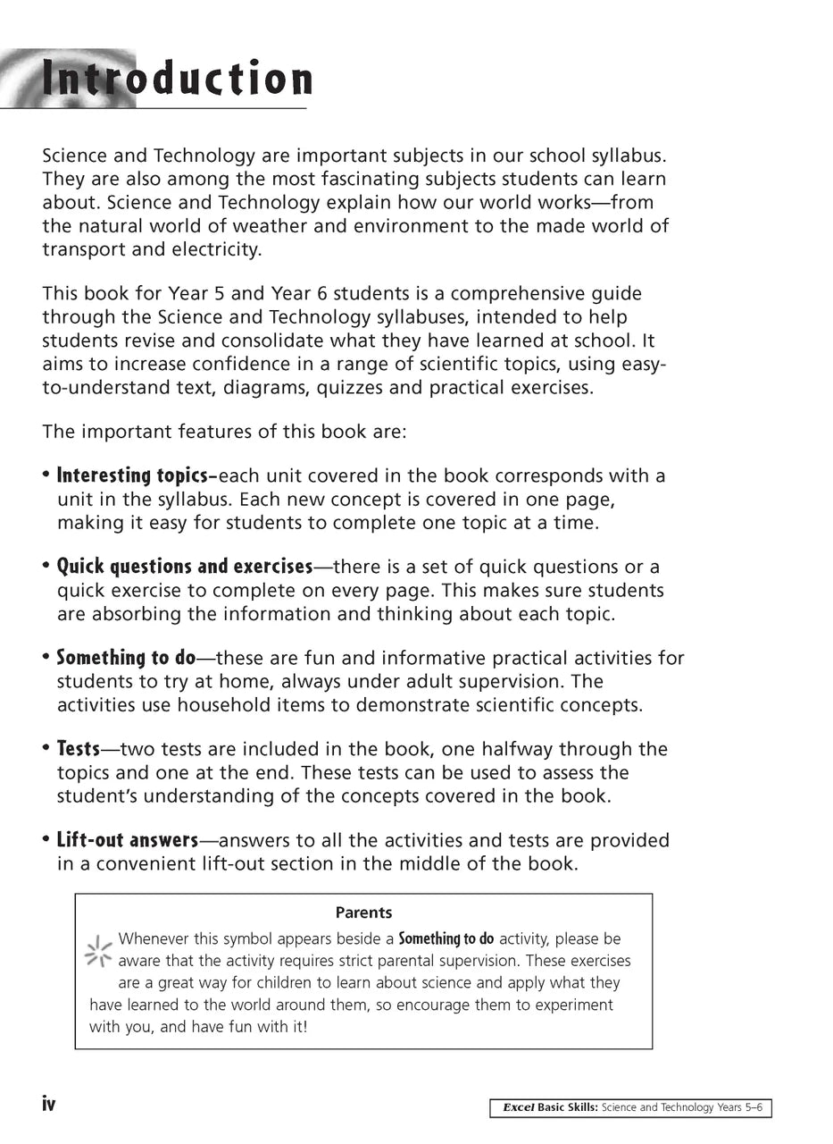 Sample inside activity page from the Excel Basic Skills Science and Technology Years 5-6 workbook showing printed exercises for children to complete