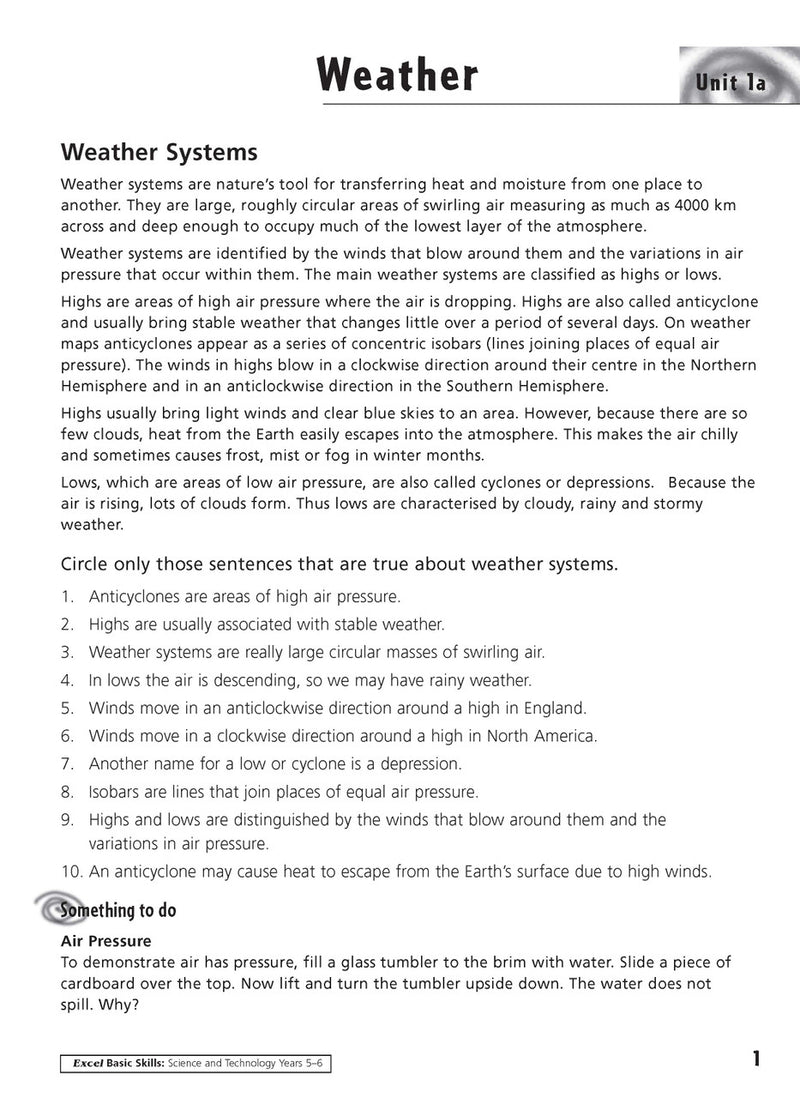 Sample inside activity page from the Excel Basic Skills Science and Technology Years 5-6 workbook showing printed exercises for children to complete