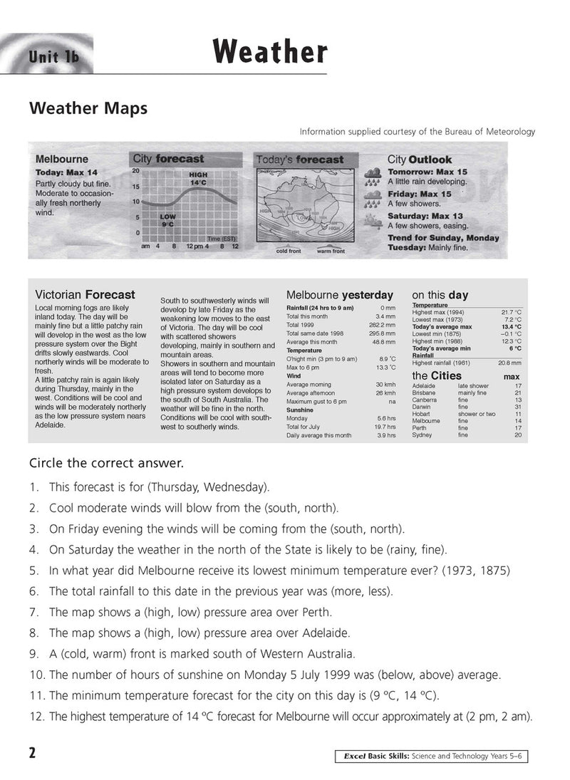 Sample inside activity page from the Excel Basic Skills Science and Technology Years 5-6 workbook showing printed exercises for children to complete