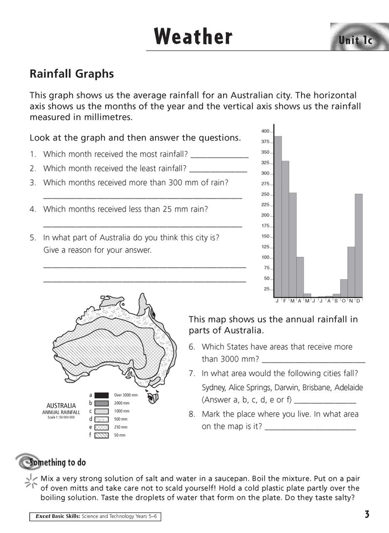 Sample inside activity page from the Excel Basic Skills Science and Technology Years 5-6 workbook showing printed exercises for children to complete