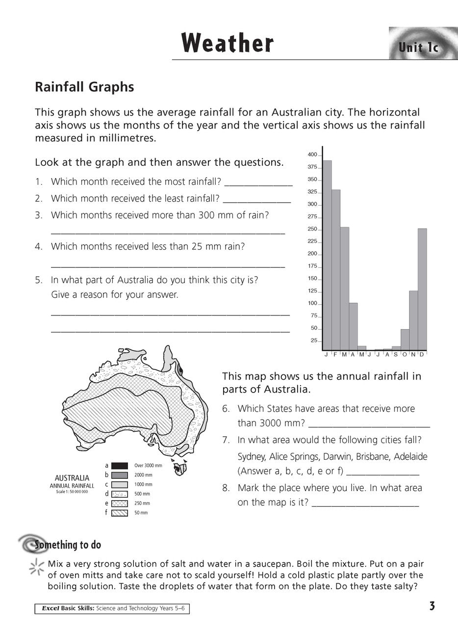 Sample inside activity page from the Excel Basic Skills Science and Technology Years 5-6 workbook showing printed exercises for children to complete