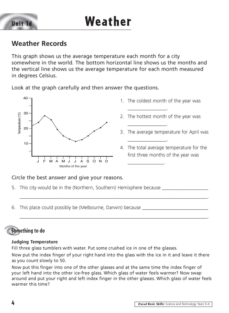 Sample inside activity page from the Excel Basic Skills Science and Technology Years 5-6 workbook showing printed exercises for children to complete