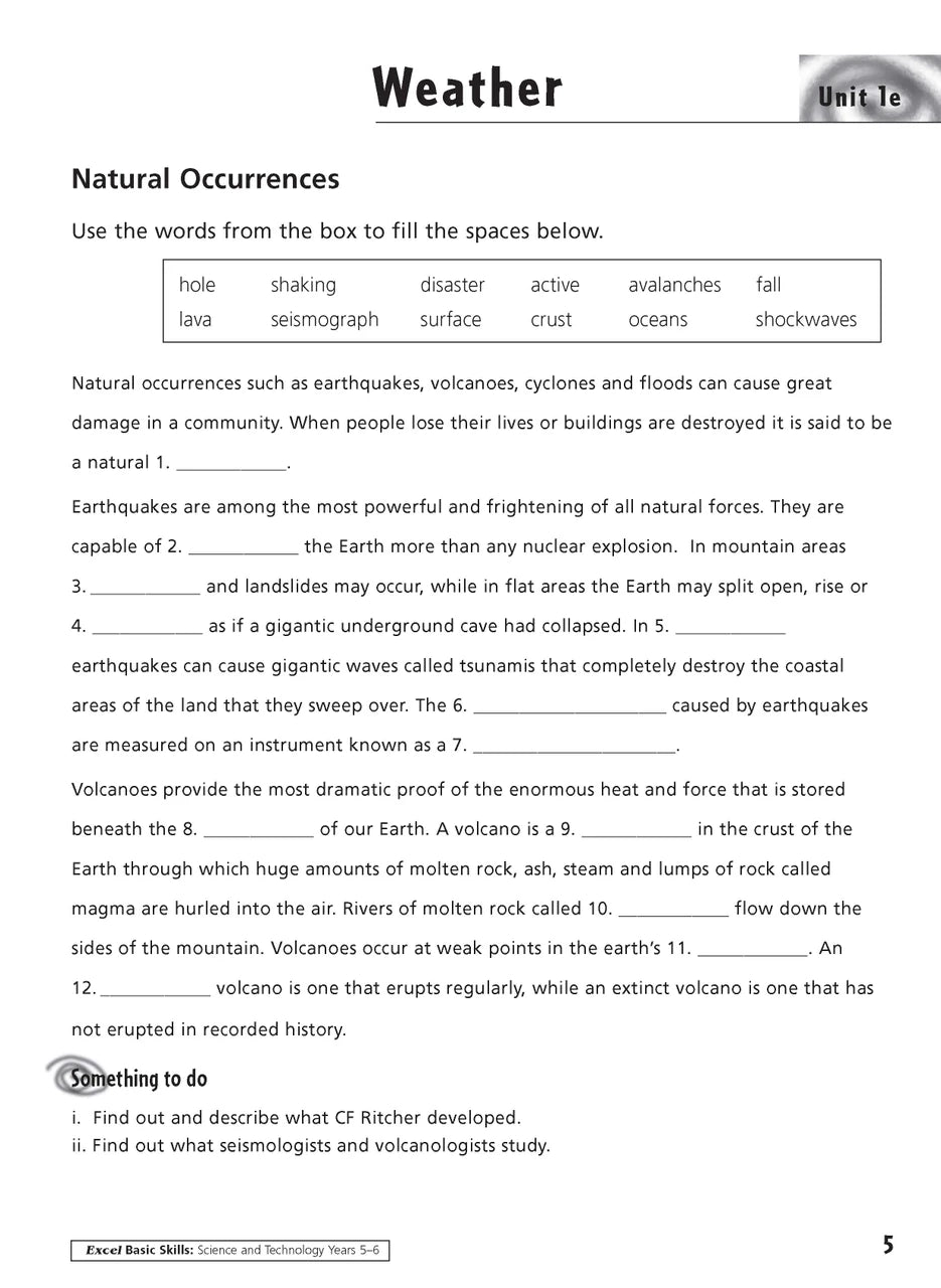 Sample inside activity page from the Excel Basic Skills Science and Technology Years 5-6 workbook showing printed exercises for children to complete