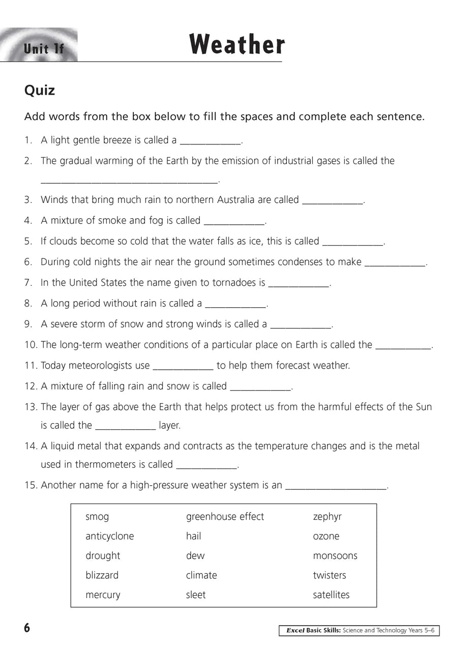 Sample inside activity page from the Excel Basic Skills Science and Technology Years 5-6 workbook showing printed exercises for children to complete