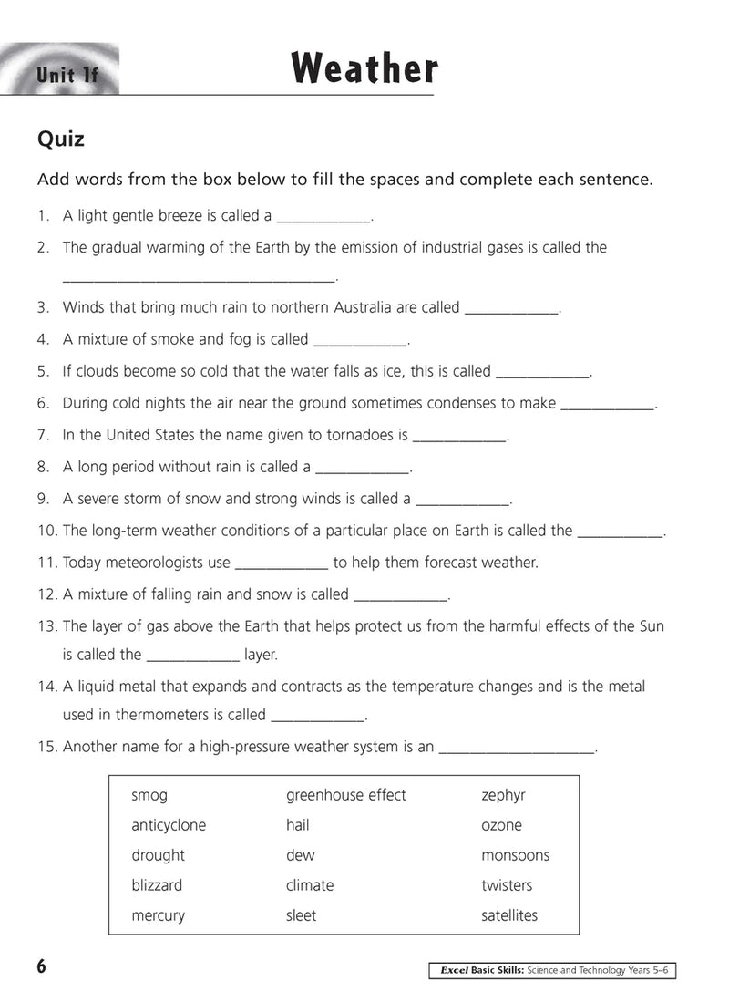 Sample inside activity page from the Excel Basic Skills Science and Technology Years 5-6 workbook showing printed exercises for children to complete