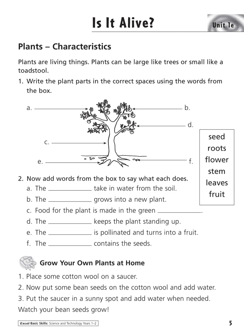 Sample inside activity page from the Excel Basic Skills Science and Technology Years 1-2 workbook showing printed exercises for children to complete