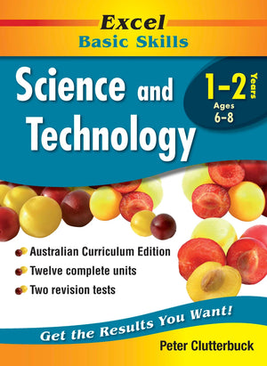 Front cover of the Excel Basic Skills Science and Technology Years 1-2 workbook from Pascal Press showing the Excel branding, title and year level