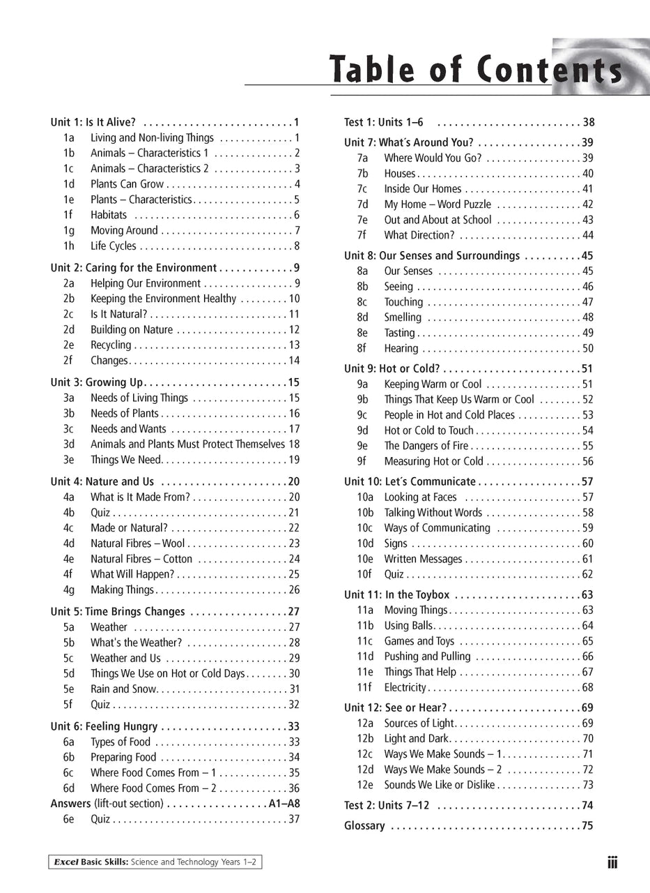 Sample inside activity page from the Excel Basic Skills Science and Technology Years 1-2 workbook showing printed exercises for children to complete