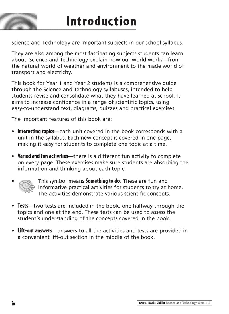 Sample inside activity page from the Excel Basic Skills Science and Technology Years 1-2 workbook showing printed exercises for children to complete