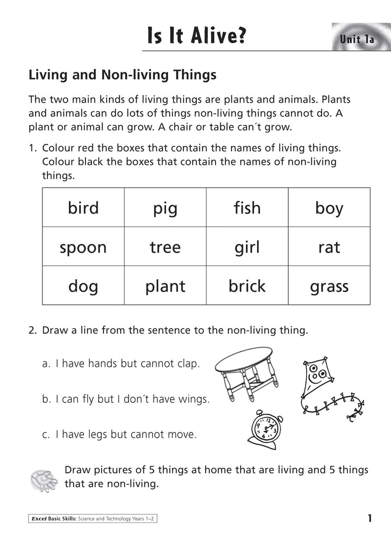 Sample inside activity page from the Excel Basic Skills Science and Technology Years 1-2 workbook showing printed exercises for children to complete