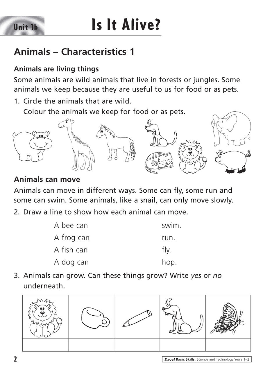 Sample inside activity page from the Excel Basic Skills Science and Technology Years 1-2 workbook showing printed exercises for children to complete