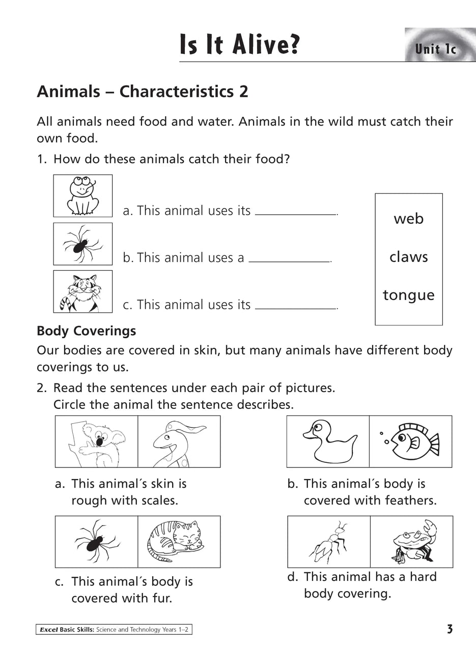 Sample inside activity page from the Excel Basic Skills Science and Technology Years 1-2 workbook showing printed exercises for children to complete