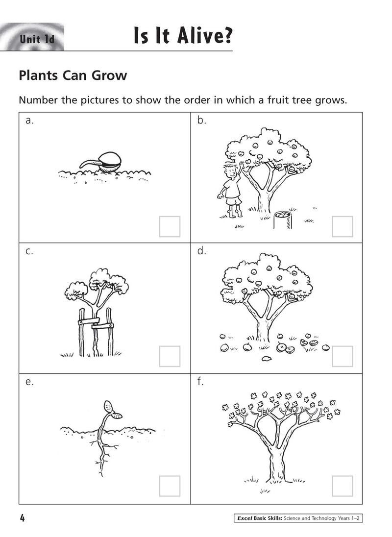 Sample inside activity page from the Excel Basic Skills Science and Technology Years 1-2 workbook showing printed exercises for children to complete