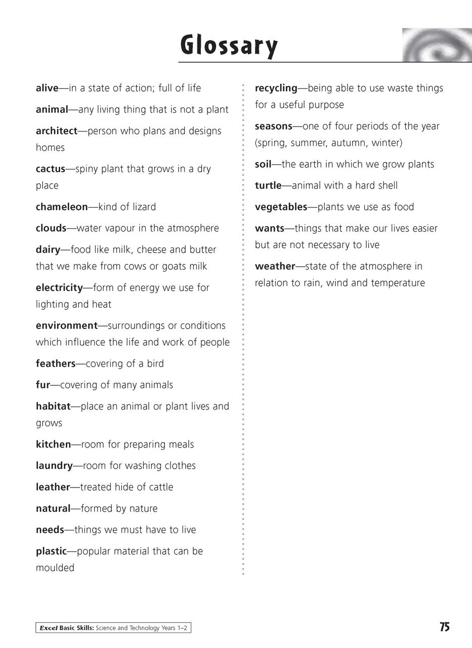 Sample inside activity page from the Excel Basic Skills Science and Technology Years 1-2 workbook showing printed exercises for children to complete