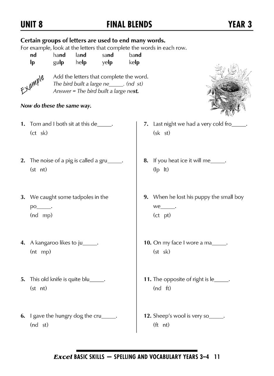 Sample interior page from the Excel Basic Skills Spelling and Vocabulary Years 3-4 workbook, as shown in the Pascal Press gallery