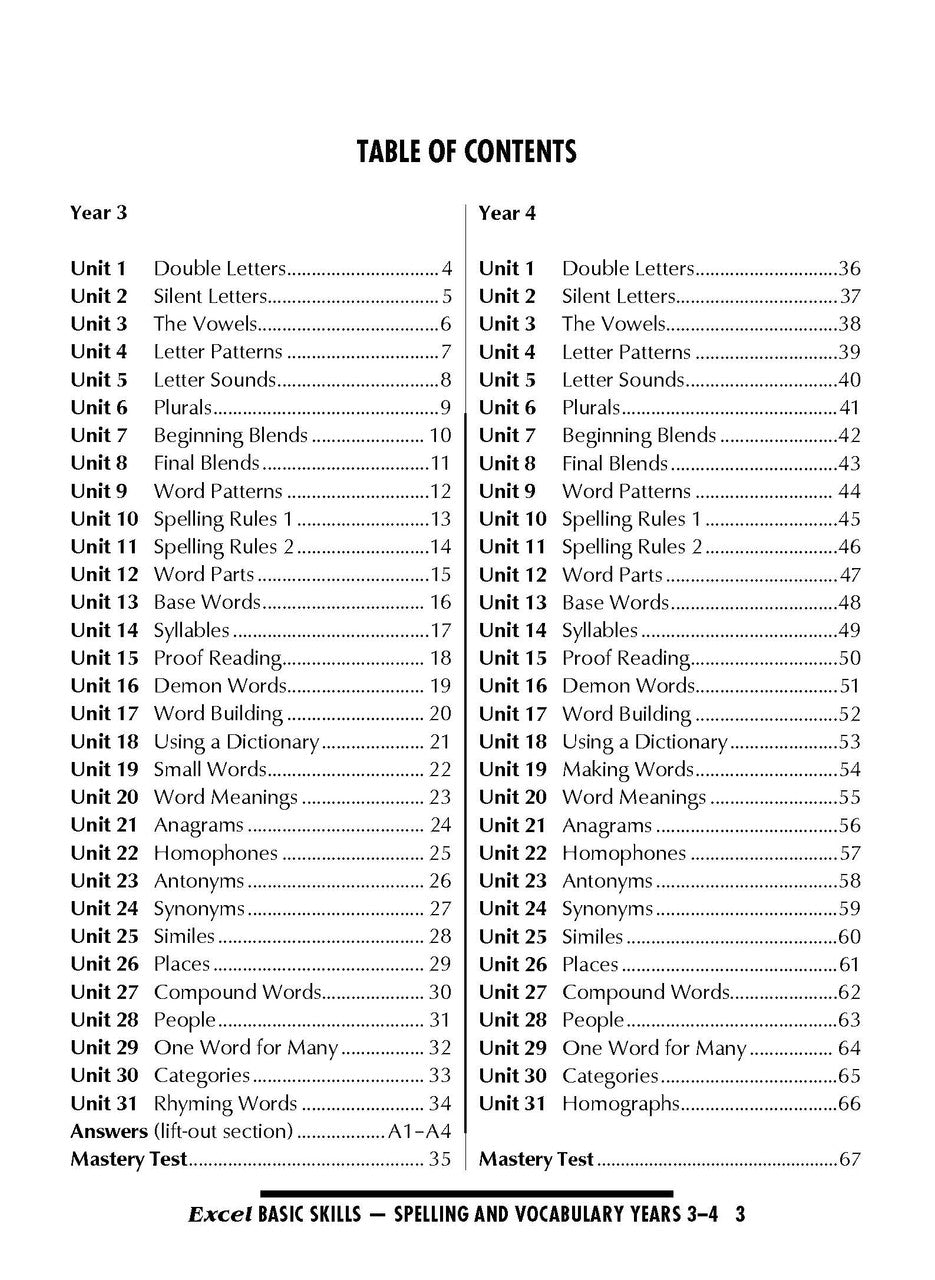 Sample interior page from the Excel Basic Skills Spelling and Vocabulary Years 3-4 workbook, as shown in the Pascal Press gallery