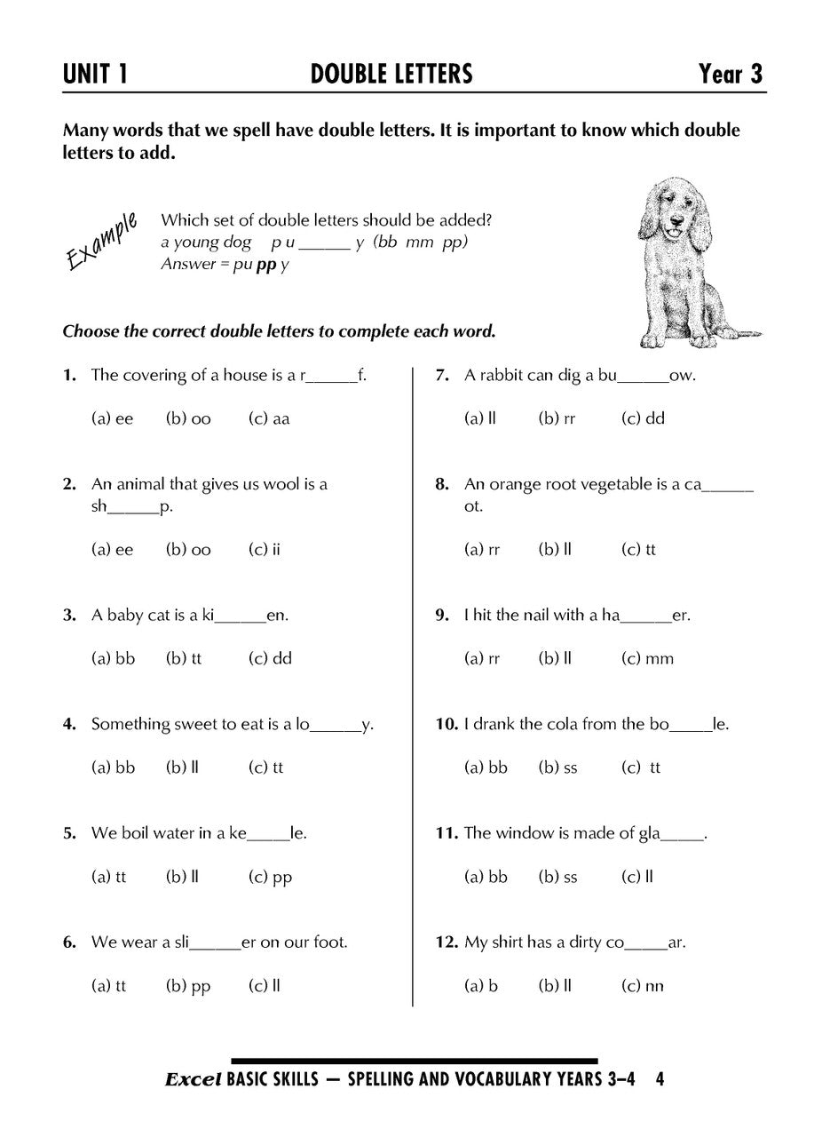 Sample interior page from the Excel Basic Skills Spelling and Vocabulary Years 3-4 workbook, as shown in the Pascal Press gallery