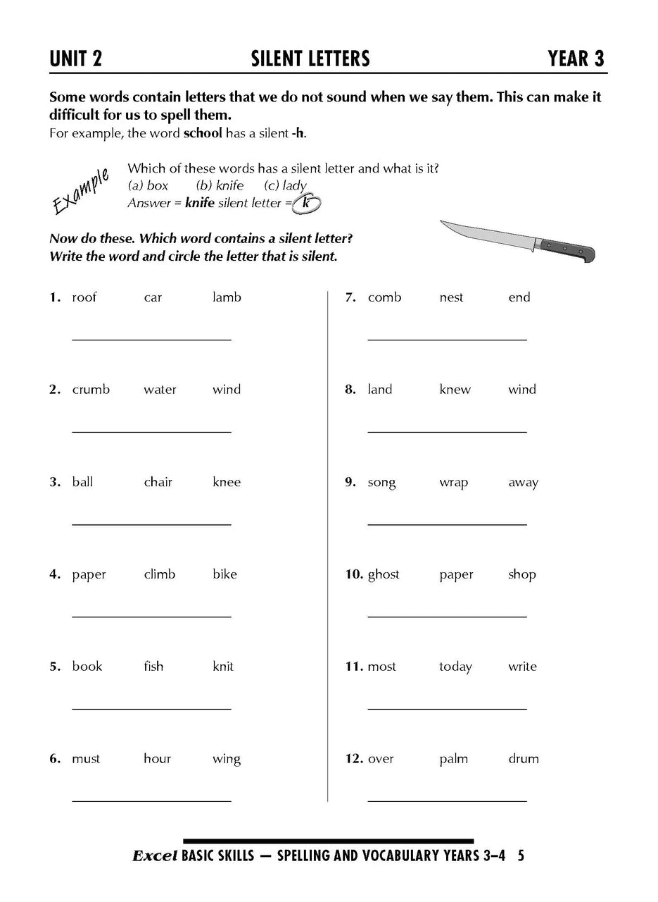 Sample interior page from the Excel Basic Skills Spelling and Vocabulary Years 3-4 workbook, as shown in the Pascal Press gallery